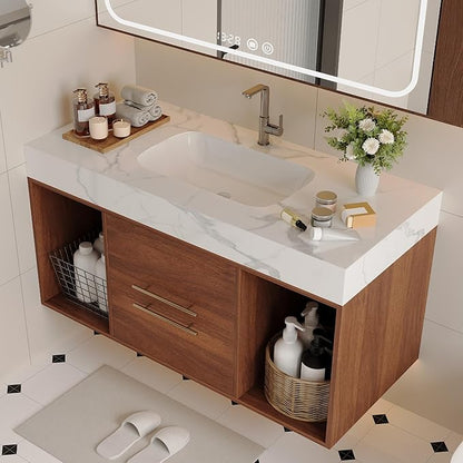 40 inch Modern Floating Bathroom Vanity with Sink, Wall Mounted Bathroom Cabinet with Ceramic Sink, Sintered Stone Countertop, 2 Soft Closing Drawers & Open Storage Shelf, Walnut
