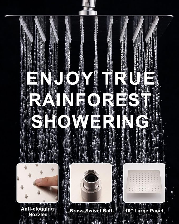 10" Rainfall Shower Head with Handheld Combo, High Pressure Dual Showerhead with Square Rain& Magnetic Hand Sprayer, 15" Adjustable Metal Extension Arm (Brushed Nickel)