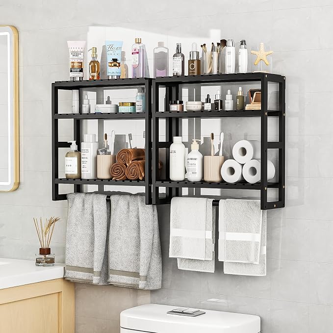 Galood Over The Toilet Storage Bathroom Shelves Wall Mounted Black Sets | 3 Tier Space Saver Corner Shelf Organizer Bamboo Towel Rack Toilet Paper Cabinet with Hanging Rod