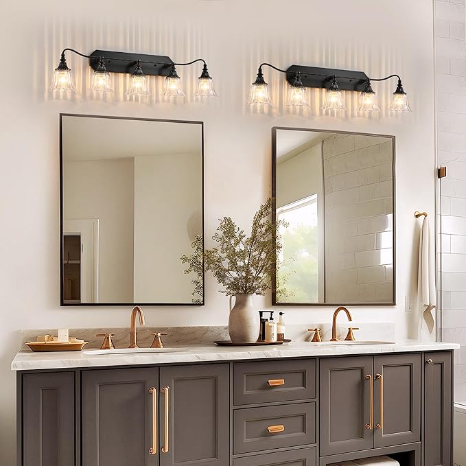 Bathroom Vanity Black Vintage Light Fixture, 5 Lights Bathroom Lighting Matte Antique Brass Finish with Crystal Glass Shade, Black Vintage Vanity Light