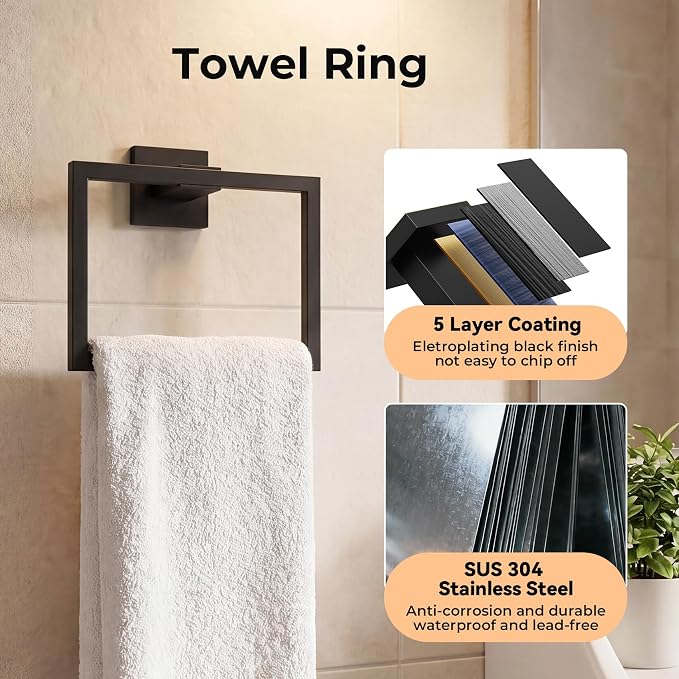 5-Piece Bathroom Hardware Set, 23.6 Inch Towel Bar Set SUS304 Stainless Steel Towel Racks for Bathroom Round Towel Bar, Towel Ring, Toilet Paper Holder, 2 Robe Hooks, Wall Mounted (Black)