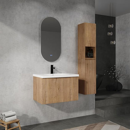 SSLine 30-Inch Single Bathroom Vanity Modern Wall Mounted Bathroom Vanity with Sink 30" Small Floating Bathroom Vanities Set with 2 Side Storage Cabinets,Brown White
