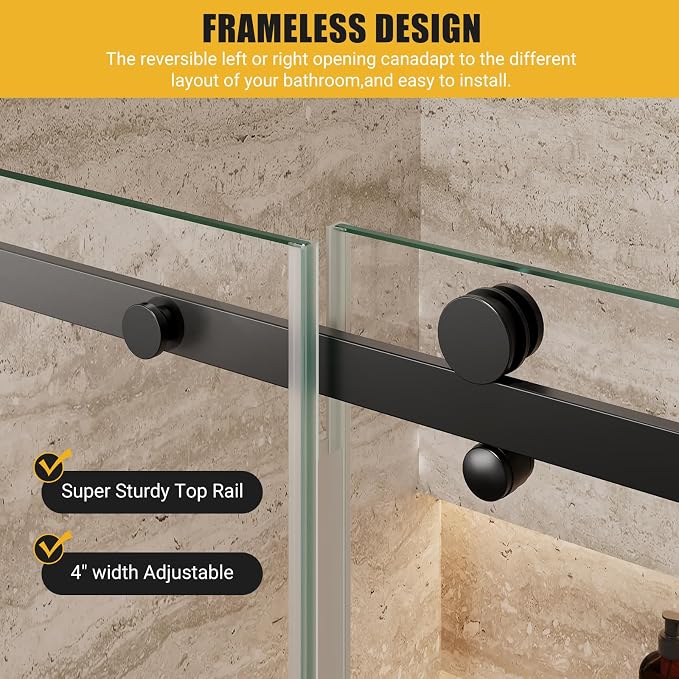 Shower Glass Door with Waterroof Seal Strip (56-60" W x 72 "H), Frameless Shower Sliding Door with Clear SGCC Tempered Glass 5/16" (8mm), Stainless Steel Hardware, Black