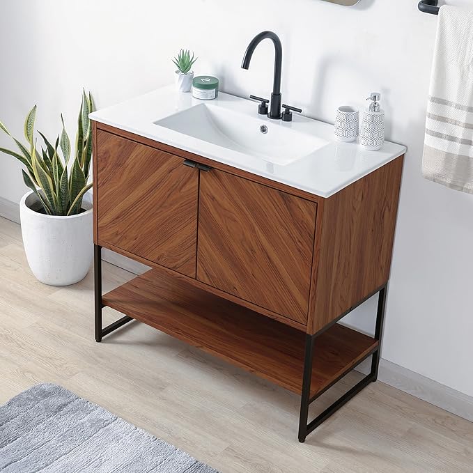 JONATHAN Y VAN1015B Juhl 35 in. W x 18 in. D x 33 in. H Chevron-Front Modern Minimalist 2-Shelf Bathroom Vanity Cabinet Only with Soft Closing Doors (Sink Basin Not Included), Walnut