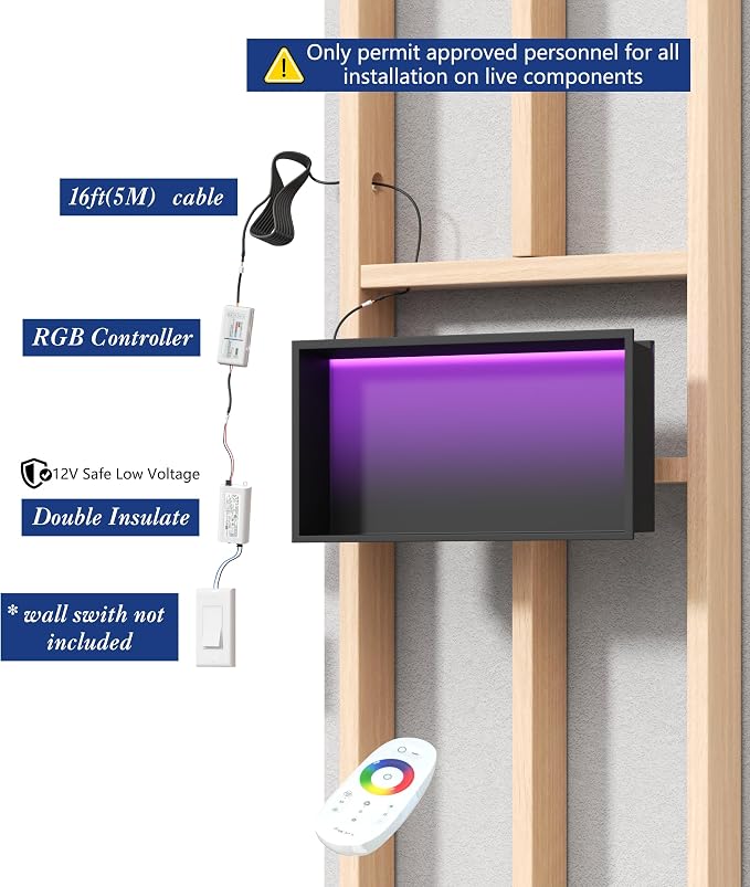 RGB LED Light Shower Niche, Matte Black 24X12 in Stainless Steel Recessed Storage with Remote Control, Waterproof No Tile Needed Wall Niche for Bathroom Storage Built-in Installation