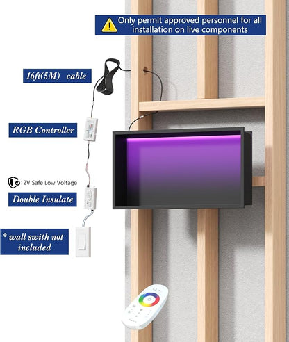 RGB LED Light Shower Niche, Matte Black 24X12 in Stainless Steel Recessed Storage with Remote Control, Waterproof No Tile Needed Wall Niche for Bathroom Storage Built-in Installation
