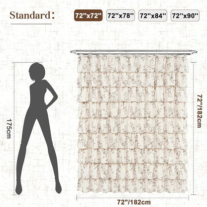 Farmhouse Floral Shower Curtain, Ruffle Bathroom Curtains, 72"Wx72"L | Brown Floral Print, Ruflle Design, 12 Metal Hooks, Vintage Rustic Washable Waterproof Shower Curtain for Bathroom Bathtub