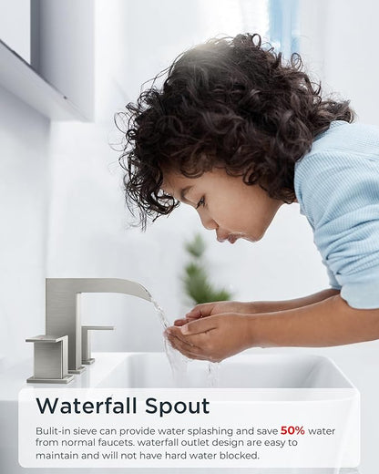 FORIOUS Bathroom Faucets 3 Hole Brushed Nickel, Waterfall 8 Inch Widespread Bathroom Sink Faucet with Metal Pop-up Drain and Supply Lines, Two Handles for Vanity, Lavatory, Restroom