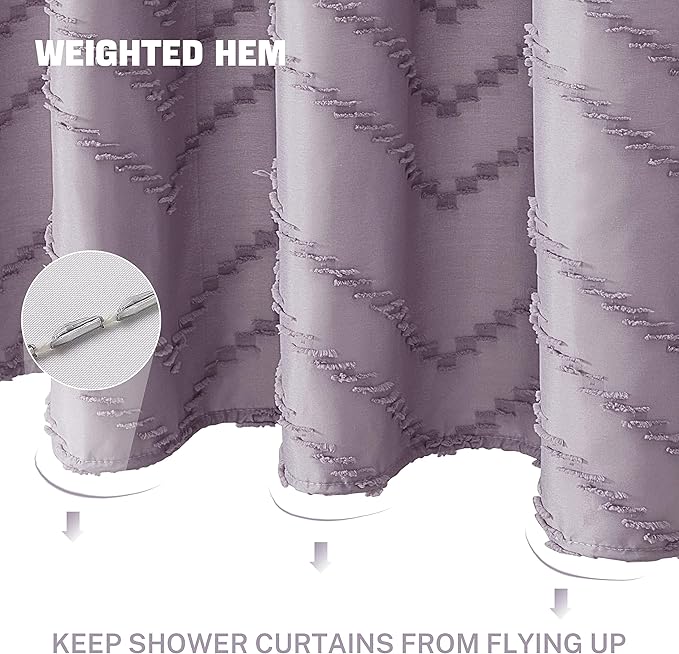 Extra Long Boho Shower Curtain - Purple Woven Fabric, 72 x 84, Tufted Chevron Striped, Modern Chic Textured Minimalist