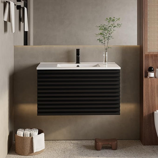 eclife 36" Floating Bathroom Vanity with Sink Combo Mid-Century Wall Mounted Cabinet with Wood Stripes Decor, Drawers, Undermount Single Sink, Faucet, Drain, Black