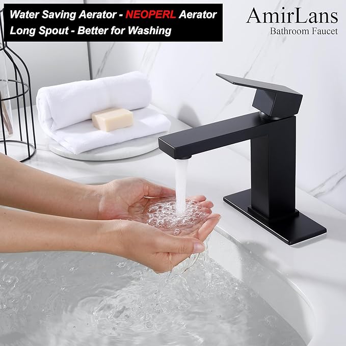 Black Faucet Bathroom, Stainless Steel Matte Black Bathroom Faucet Single Hole with Pop Up Drain, Single Handle Faucet AML-1141-BK