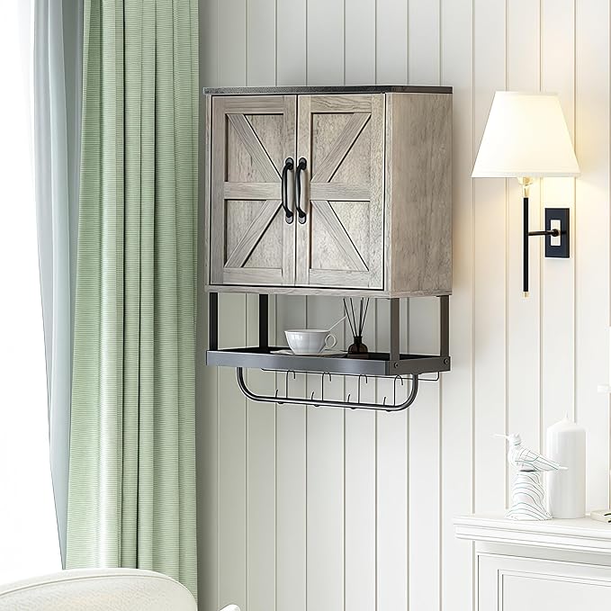 Over The Toilet Storage Cabinet, Bathroom Above Toilet Cabinet Organizer with Doors and Adjustable Shelves, Bathroom Shelf Organizer with Anti-Tip Device & Drain Rack, White (Brown)