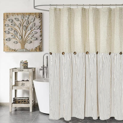 DOSLY IDÉES Farmhouse Shower Curtain,Beige and Brown Stripe,Button Curtain,Linen and Cotton Woven Fabric,Rustic Charm Country Chic Style,72x96 in