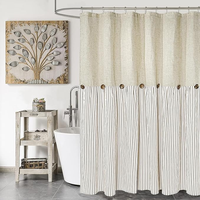 DOSLY IDÉES Farmhouse Shower Curtain,Beige and Brown Stripe,Button Curtain,Linen and Cotton Woven Fabric,Rustic Charm Country Chic Style,72x72 in
