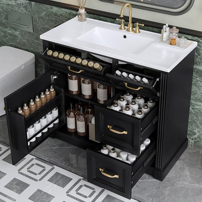 36" Bathroom Vanity with Ceramic Sink,Modern Freestanding Storage Cabinet w/Soft-Close Door and 2 Tip-Out & 2 Drawers,Undermount Single Basin Bath Vanity Set w/Adjustable Shelf,Black