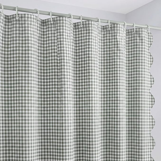 HunnmingRe Scalloped Gingham Shower Curtain Sage Green | 72'' x 72'' Vintage Farmhouse Curtain, Cotton Cottage Core Rural Checkered Plaid Decor, Fall Shower Curtain for Bathroom