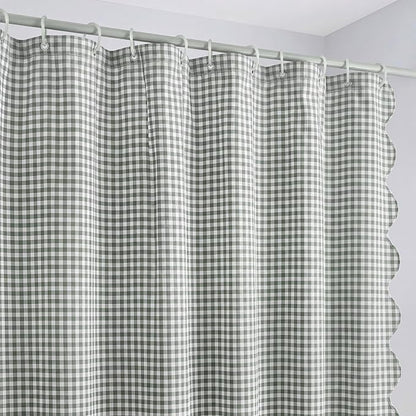 HunnmingRe Scalloped Gingham Shower Curtain Sage Green | 72'' x 72'' Vintage Farmhouse Curtain, Cotton Cottage Core Rural Checkered Plaid Decor, Fall Shower Curtain for Bathroom