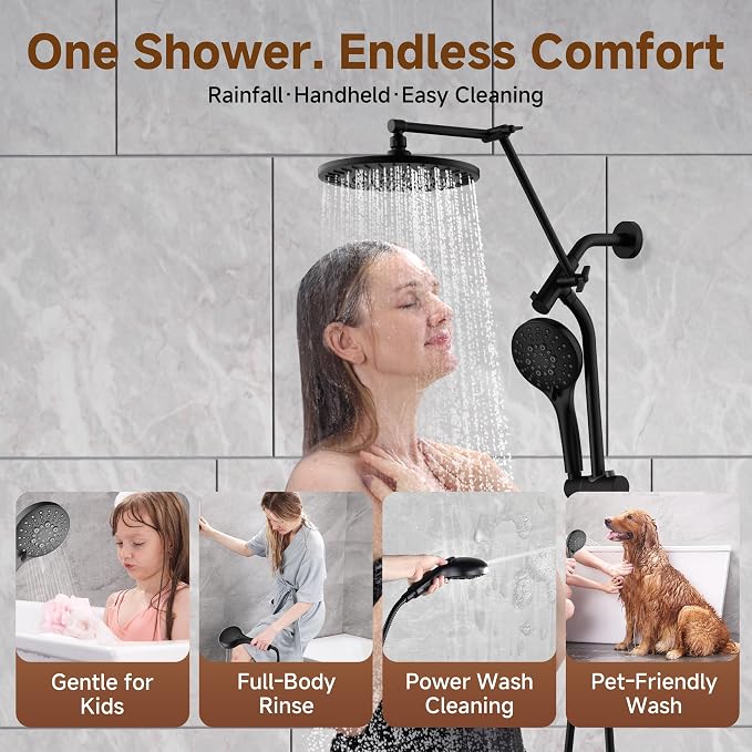 BRIGHT SHOWERS Rain Shower Head with Handheld Spray, High Pressure Dual Shower Head, Adjustable Extension Arm & Slide Bar, 9 Spray Modes Built-in Power Wash, 3-Way Diverter, 69" Hose, Matte Black