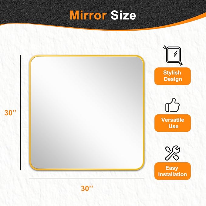 Bathroom Vanity Mirror, Gold Framed Mirror for Over Sink, 30x30 | HD glass, distortion-free for makeup and grooming, Sturdy frame, all mounting hardware, hangs horizontal or vertical