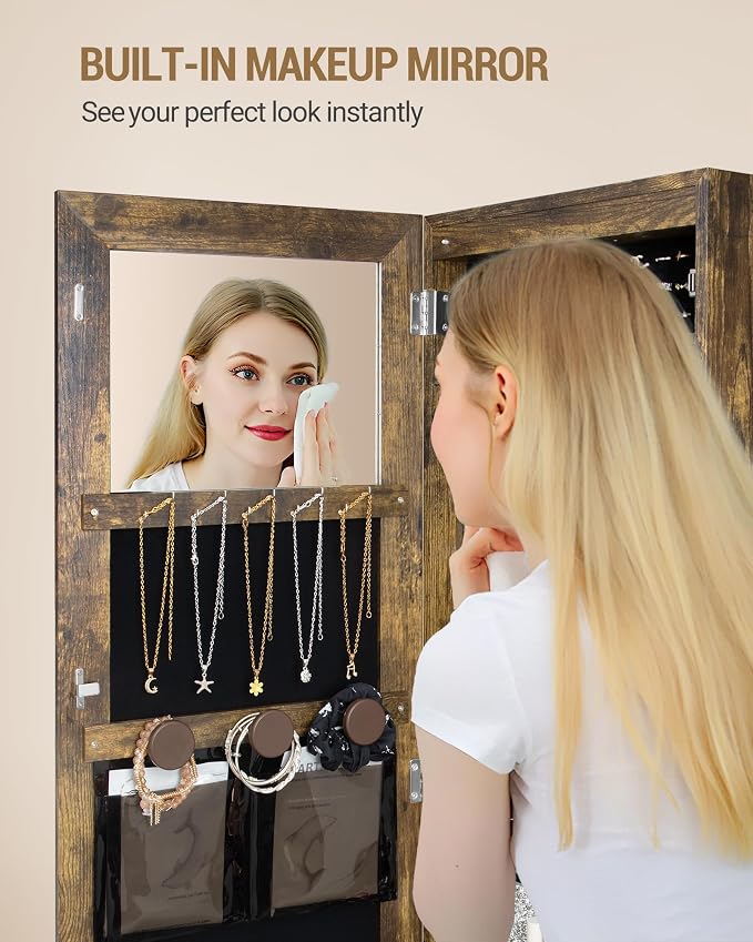Hzuaneri 8 LEDs Jewelry Cabinet Armoire, 66.9-inch Jewelry Organizer | Lockable Full-length Mirror with Garment Rack & 4 Wheels, Storage Shelves with Hooks, 5-in-1, Toasted Oak JC17007B