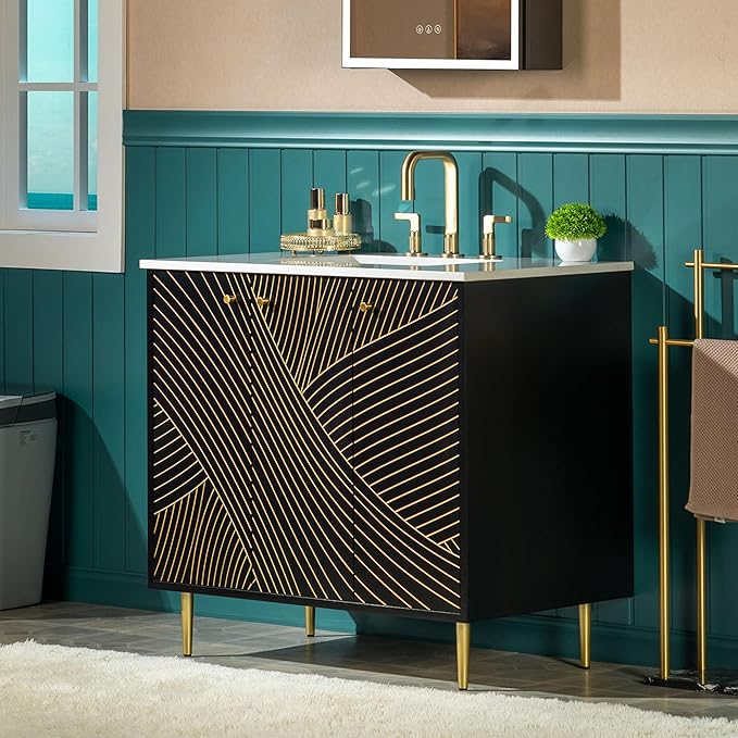 Woodbridge 36"x22" Bathroom Vanity with Single Ceramic Undermount Sink, White Engineered Stone Top, Hand-Painted Black & Gold Accents, Sleek Thin-Leg Frame, Space-Saving for Modern Living
