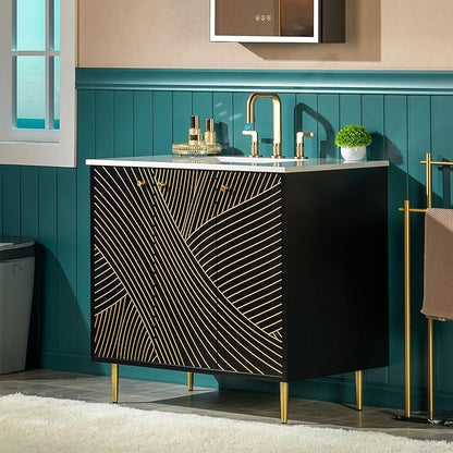 Woodbridge 36"x22" Bathroom Vanity with Single Ceramic Undermount Sink, White Engineered Stone Top, Hand-Painted Black & Gold Accents, Sleek Thin-Leg Frame, Space-Saving for Modern Living
