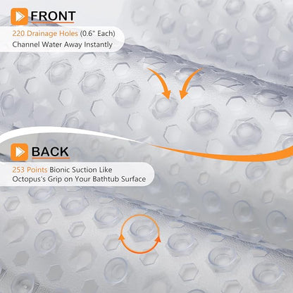 Yimobra Bath Tub Mat Non Slip, 34.5"X15.5" Long Shower Mat, Machine Washable Bathmat with Drain Holes and Suction Cups, Soft on Feet, Bathroom Essentials, Clear