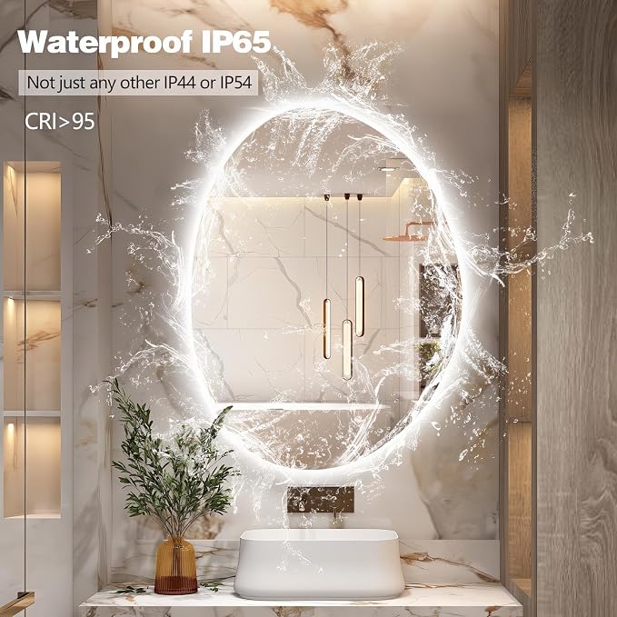 Niccy Irregular LED Bathroom Mirror, Frameless Backlit Wall Mirrors,24"x32" | Asymmetrica Lighted Mirror for Bedroom Living Room, Modern Smart-Mirror with 3 Color Lighting, Anti-Fog, Memory Function