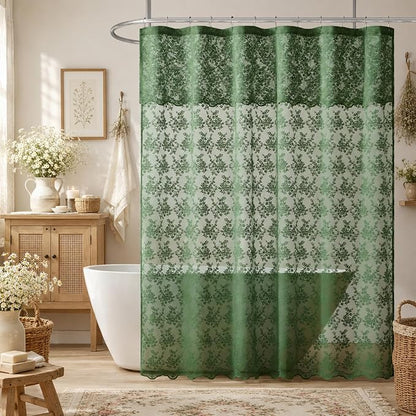 TUDECO Forest Green Lace Shower Curtain for Bathroom, 72W x 84L Inch | Forest Green, Rustic Floral, Semi-Sheer, Scalloped Edges, Summer Bathroom Curtain, Reinforced Holes, Machine Washable