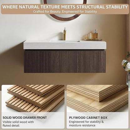 48” Floating Bathroom Vanity with Sink, Wall-Mounted Cabinet with Drawer & Doors, Roma Travertine-Pattern Countertop, Undermount Basin, Single Faucet Hole, Soft-Close, Pre-Assembled, Dark Oak
