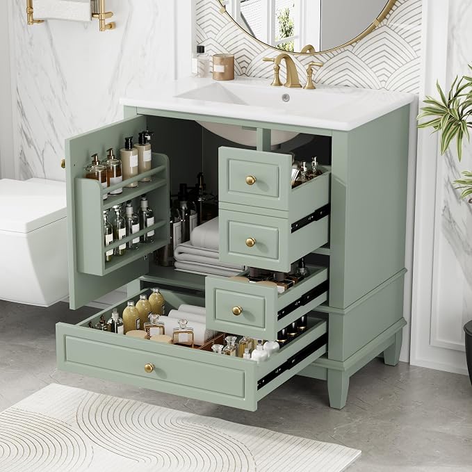 Merax Bathroom Vanity with Ceramic Sink 30 Inch, Cabinet with One Door and Three Drawers, Soft-Closing Door, Solid Wood Legs, Green