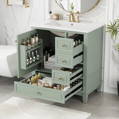 Merax Bathroom Vanity with Ceramic Sink 30 Inch, Cabinet with One Door and Three Drawers, Soft-Closing Door, Solid Wood Legs, Green