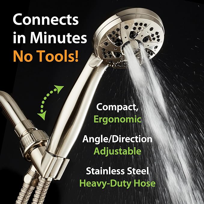 AquaDance High Pressure 6-Setting Full Brushed Nickel Handheld Shower Head with Stainless Steel Hose. Officially Independently Tested to Meet Strict US Quality & Performance Standards! | Anti-clog Jets, Premium Stainless Steel Hose & Adjustable Bracket...