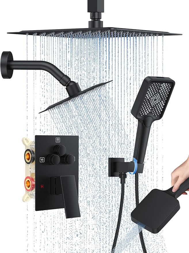 Woindo Shower Faucet Set, 10" Ceiling Mount Rainfall Shower System with 2 Rain Shower Head and Multi-function Handheld Head Push Button Diverter Shower Faucet Trim Kit