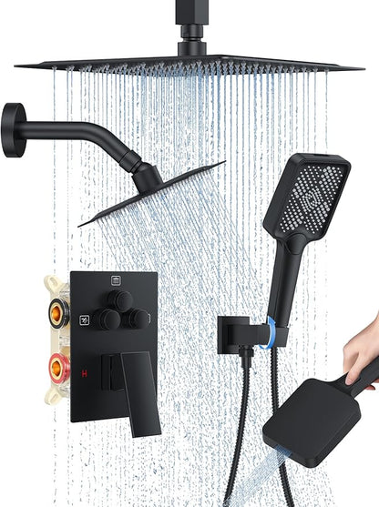 Woindo Shower Faucet Set, 10" Ceiling Mount Rainfall Shower System with 2 Rain Shower Head and Multi-function Handheld Head Push Button Diverter Shower Faucet Trim Kit