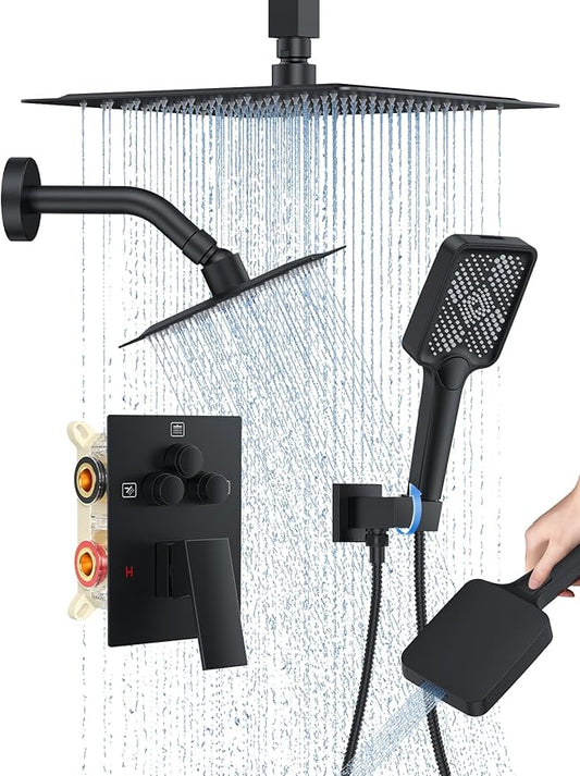 Woindo Shower Faucet Set, 10" Ceiling Mount Rainfall Shower System with 2 Rain Shower Head and Multi-function Handheld Head Push Button Diverter Shower Faucet Trim Kit