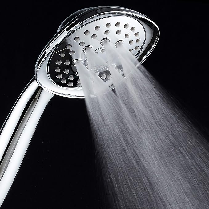 Luxury Square 6-setting High-Pressure Hand Shower. Extra-Long 72" Stainless Steel Hose, Bracket, Solid Brass Fittings, All-Chrome Finish. Premium Handheld Shower Head from Top American Manufacturer!