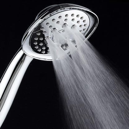 Luxury Square 6-setting High-Pressure Hand Shower. Extra-Long 72" Stainless Steel Hose, Bracket, Solid Brass Fittings, All-Chrome Finish. Premium Handheld Shower Head from Top American Manufacturer!