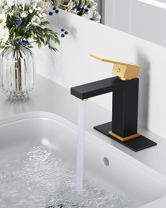 Midanya Bathroom Faucets 1 Hole, Single Handle Stainless Steel Bathroom Sink Faucet, Modern Vanity Faucets with Deck Plate,Water Supply Hoses and Pop Up Drain,Matte Black and Brushed Gold Handle