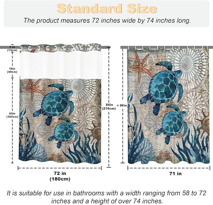 Beach Ocean Coastal Sea Turtles Theme No Hook Waffle Weave Shower Curtain with Snap in Liner Cute Tropical Nautical Bathroom Blue Ocean Decor Set 72 W x 86 H Inch Green and Teal