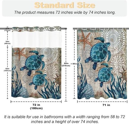 Beach Ocean Coastal Sea Turtles Theme No Hook Waffle Weave Shower Curtain with Snap in Liner Cute Tropical Nautical Bathroom Blue Ocean Decor Set 72 W x 86 H Inch Green and Teal