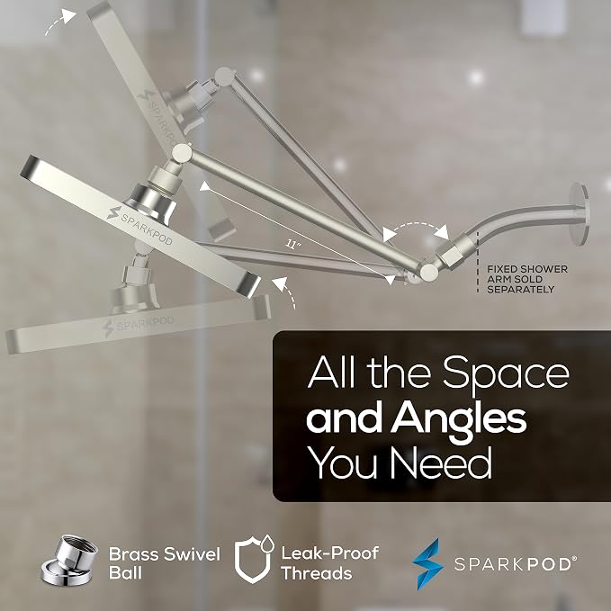 SparkPod 8" Square Rain Shower Head with 11" Shower Arm | Shower Head & Extension Arm Combo, Height Adjustable, High Pressure Performance, Easy 1-Minute Installation, Brushed Nickel