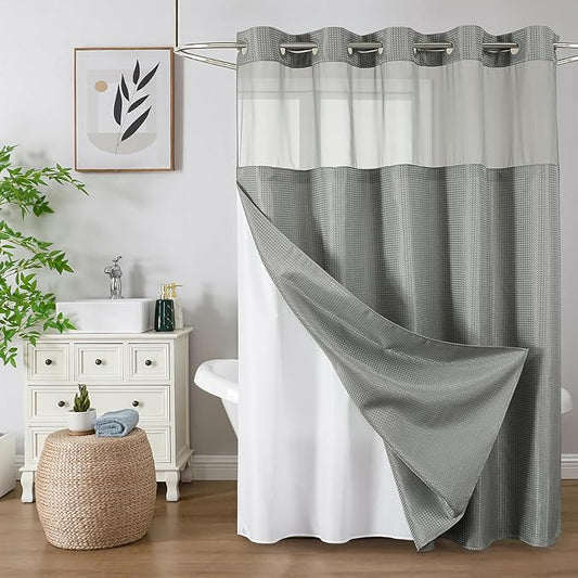 Colorful Star Waffle Weave No Hook Shower Curtain Set, 72 x 75 Inch, Grey | Heavy Duty Thick Shower Curtain Sets with Snap in Fabric Liner and Mesh Top Window, Hotel Style Waterproof Bathroom Curtain