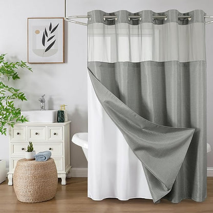 Colorful Star No Hook Shower Curtain with Snap in Fabric Liner, Waffle Weave Heavy Duty Thick Shower Curtains with Mesh Top Window, Hotel Style Waterproof Bathroom Curtain Set, 72 x 81 Inch, Grey