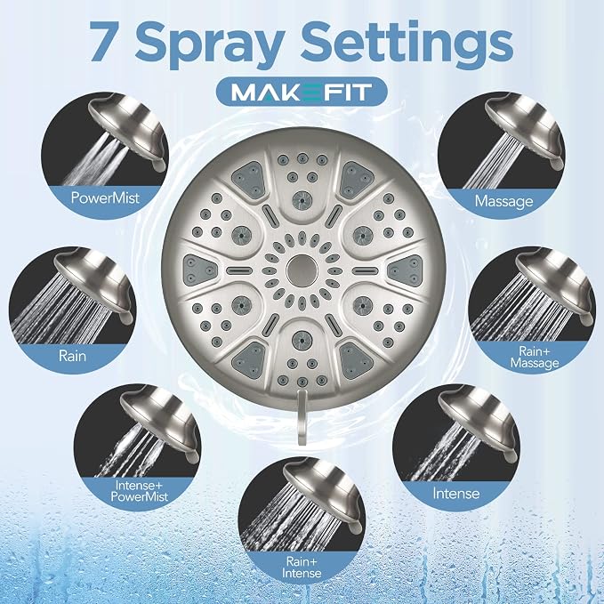 MakeFit Filtered Shower Head Brushed Nickel - High Pressure Shower Head with Filter for Hard Water Softener - 7 Settings Bathroom Rain Showerhead to Remove Chlorine and Heavy Metals