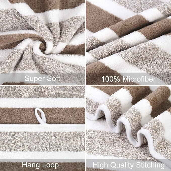 JML Bath Towels, 2 Pack, 27x55 in, Microfiber, Stripe Brown | Soft, Super Absorbent, Quick Dry, Lint-Free, Lightweight Bathroom Towel with Hanging Loop for Daily Use