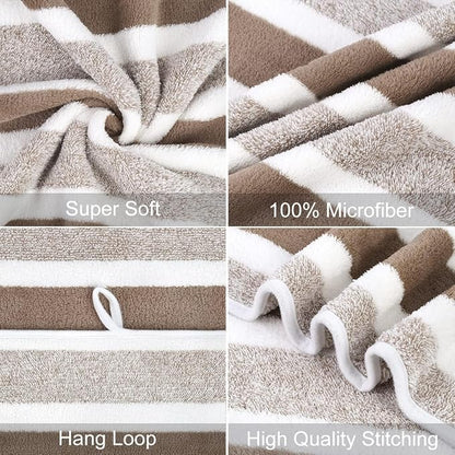 JML Bath Towels, 2 Pack, 27x55 in, Microfiber, Stripe Brown | Soft, Super Absorbent, Quick Dry, Lint-Free, Lightweight Bathroom Towel with Hanging Loop for Daily Use