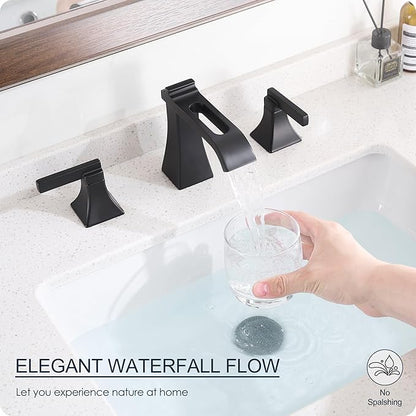 Matte Black Waterfall Bathroom Faucet 3 Hole, Brass 8 Inch Widespread Bathroom Sink Faucet Included Pop-Up Drain, 2 Handles & Pre-Connected cUPC Hose for Vanity, Modern Hollowed Design