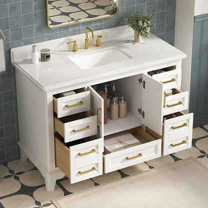 48 Inch Bathroom Vanity with Sink, Farmhouse Bathroom Vanity Set with Quartz Countertop, Painted Bathroom Storage Cabinet with Soft Closing Doors & Dovetail Pine Drawers, White