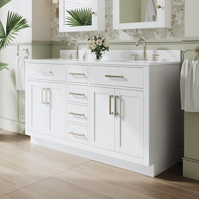 60-Inch Bathroom Vanity with Double Sinks W/ 4 Doors & 4 Drawers & 2 Flip Drawers, White Vanity W/Brushed Nickel Handles